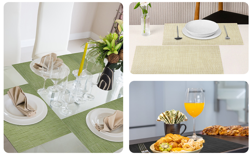 AUAUY Placemats Set of 6 Washable, Non-Slip Heat Resistant Table Mats, PVC Vinyl Woven Table Placemats Wipeable for Kitchen Dinning Restaurant, Farmhouse (Black, 6pcs)