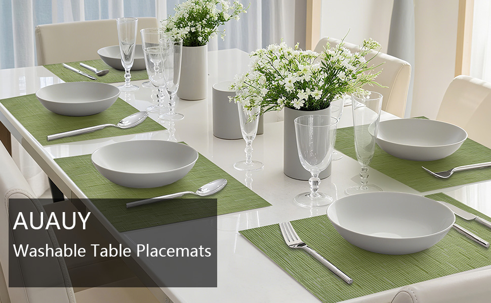 AUAUY Placemats Set of 6 Washable, Non-Slip Heat Resistant Table Mats, PVC Vinyl Woven Table Placemats Wipeable for Kitchen Dinning Restaurant, Farmhouse (Black, 6pcs)