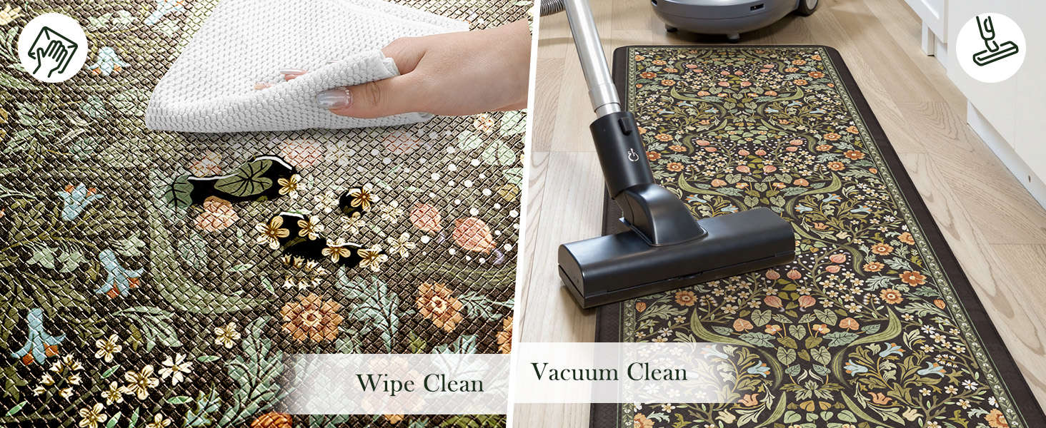 Collive Kitchen Mats for Floor 2PCS, Cushioned Anti Fatigue Mat Non Slip Waterproof Kitchens Sink Rug, Vintage Spring Floral Rugs Comfort Standing Mat for Laundry, Desk, Bar, Office, Black