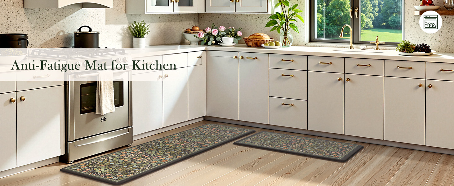 Collive Kitchen Mats for Floor 2PCS, Cushioned Anti Fatigue Mat Non Slip Waterproof Kitchens Sink Rug, Vintage Spring Floral Rugs Comfort Standing Mat for Laundry, Desk, Bar, Office, Black
