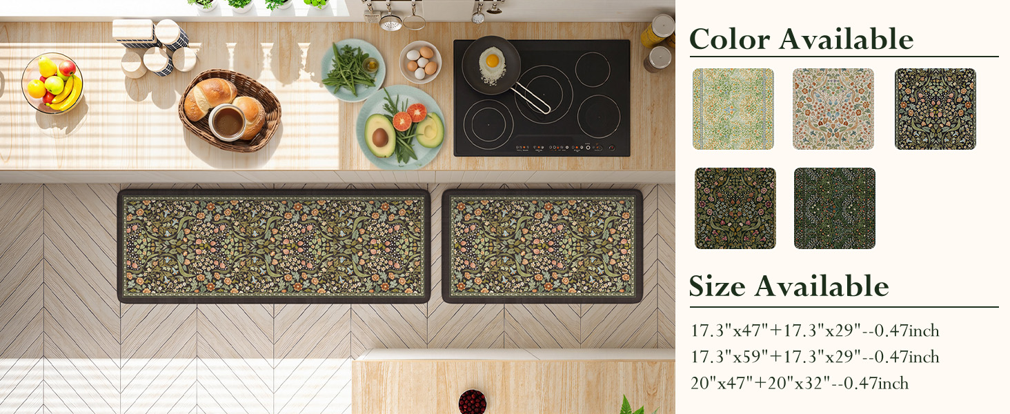 Collive Kitchen Mats for Floor 2PCS, Cushioned Anti Fatigue Mat Non Slip Waterproof Kitchens Sink Rug, Vintage Spring Floral Rugs Comfort Standing Mat for Laundry, Desk, Bar, Office, Black