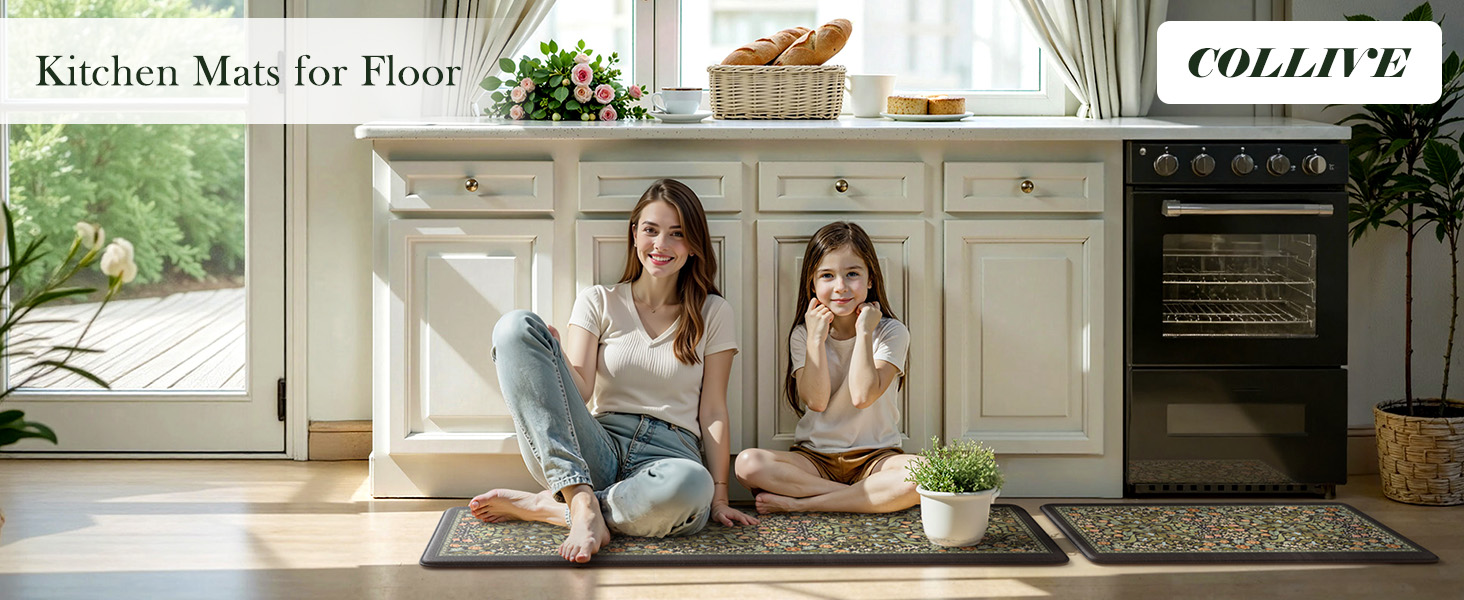 Collive Kitchen Mats for Floor 2PCS, Cushioned Anti Fatigue Mat Non Slip Waterproof Kitchens Sink Rug, Vintage Spring Floral Rugs Comfort Standing Mat for Laundry, Desk, Bar, Office, Black