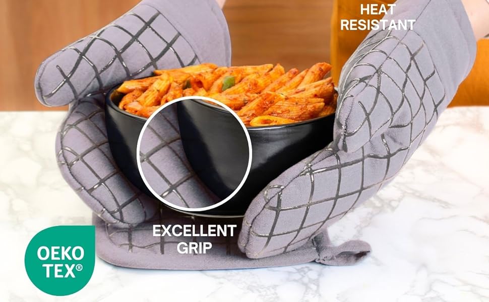 Oven Mitts and Pot Holders Set for Kitchen | 4 Pc Set| Heat Resistant Up to 500°F | Non-Slip Silicone Strips | Grey Kitchen Accessories | Includes 2 Hot Pads & 2 Cooking Mitts
