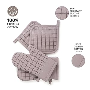 Oven Mitts and Pot Holders Set for Kitchen | 4 Pc Set| Heat Resistant Up to 500°F | Non-Slip Silicone Strips | Grey Kitchen Accessories | Includes 2 Hot Pads & 2 Cooking Mitts