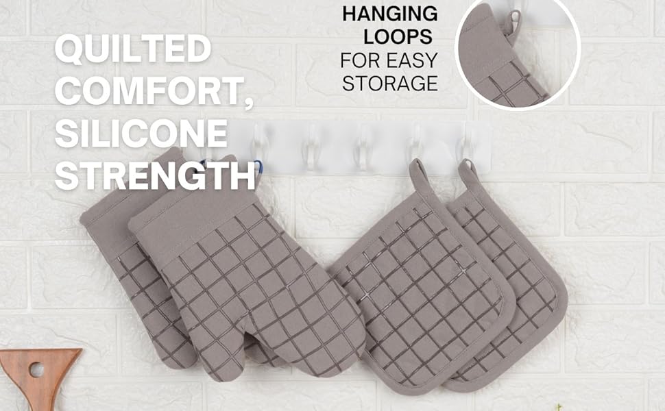 Oven Mitts and Pot Holders Set for Kitchen | 4 Pc Set| Heat Resistant Up to 500°F | Non-Slip Silicone Strips | Grey Kitchen Accessories | Includes 2 Hot Pads & 2 Cooking Mitts