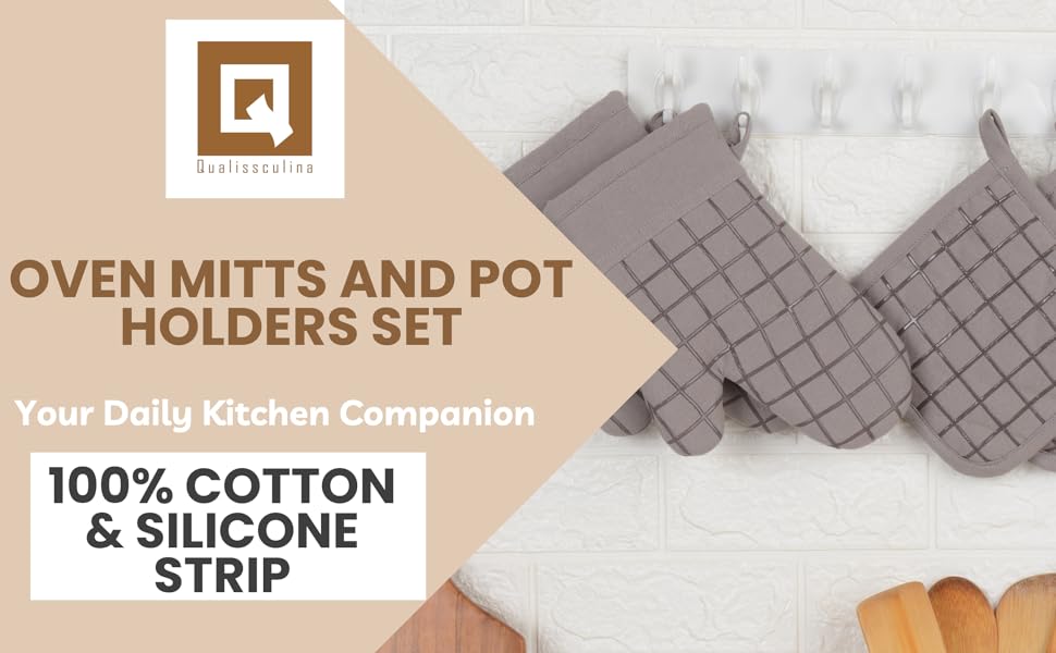 Oven Mitts and Pot Holders Set for Kitchen | 4 Pc Set| Heat Resistant Up to 500°F | Non-Slip Silicone Strips | Grey Kitchen Accessories | Includes 2 Hot Pads & 2 Cooking Mitts