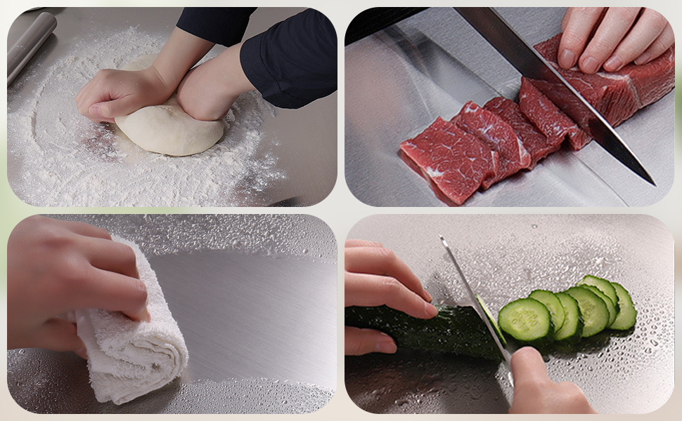 HUAKENER Large Stainless Steel Cutting Boards for Kitchen, Cutting Board with Counter Lip, Cutting Board with Silicone Mat for Meat, Fruits, Vegetables, Bread (15.7 x 11.8 Inch)