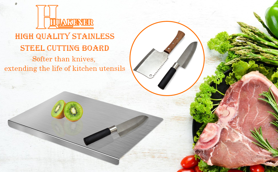 HUAKENER Large Stainless Steel Cutting Boards for Kitchen, Cutting Board with Counter Lip, Cutting Board with Silicone Mat for Meat, Fruits, Vegetables, Bread (15.7 x 11.8 Inch)