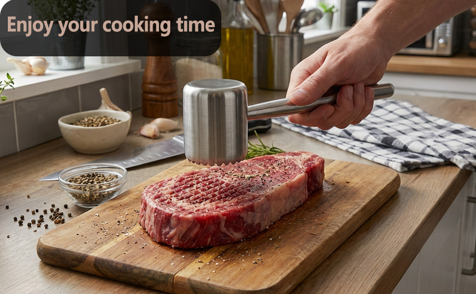 Meat Tenderizer Tool 304 Stainless Steel - Dual-Sided Heavy Duty Kitchen Mallet Hammer for Beef, Chicken & Nuts, Dishwasher Safe with Ergonomic Grip, Silver