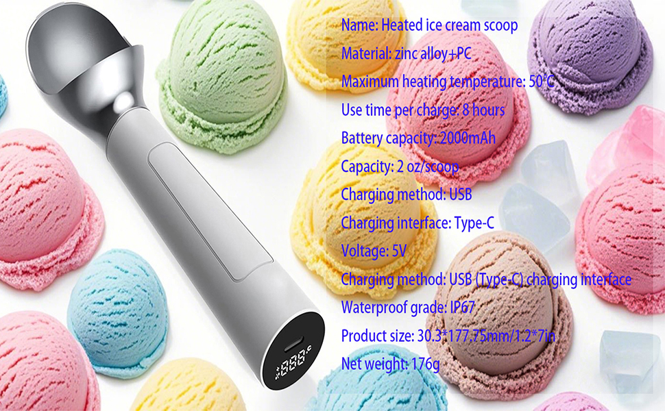 Heated Ice Cream Scoop, Rechargeable Icecream Scoop with LED Display, Rechargeable Electric Ice Cream Scoop, Maximum Heating up to 158℉ for Hard Ice Cream