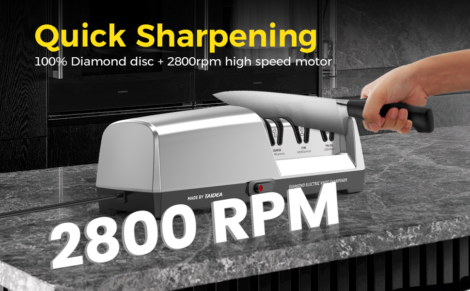 Electric Knife Sharpener for Kitchen - 3-Stage with 100% Diamond Abrasives & 15° Precision Angle Guide - Fast Repair & Polish, Profesional with Magnetic Dust Box