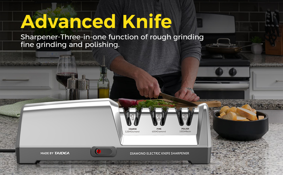 Electric Knife Sharpener for Kitchen - 3-Stage with 100% Diamond Abrasives & 15° Precision Angle Guide - Fast Repair & Polish, Profesional with Magnetic Dust Box