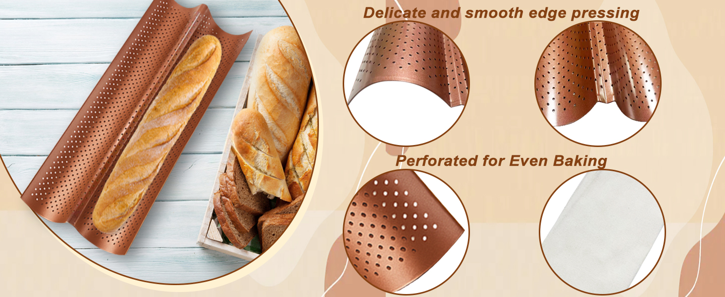 Baguette Pan Set of 2 with Proofing Cloth, Nonstick 2-Slot French Bread Baking Pan for Homemade Baguette, Carbon Steel Vintage Bronze Tray, Bakeware for Artisan Homemade Bread