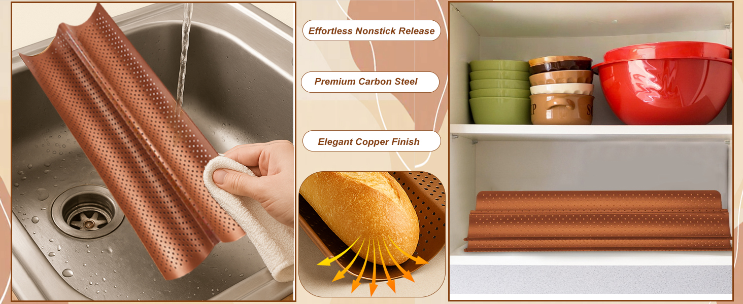 Baguette Pan Set of 2 with Proofing Cloth, Nonstick 2-Slot French Bread Baking Pan for Homemade Baguette, Carbon Steel Vintage Bronze Tray, Bakeware for Artisan Homemade Bread