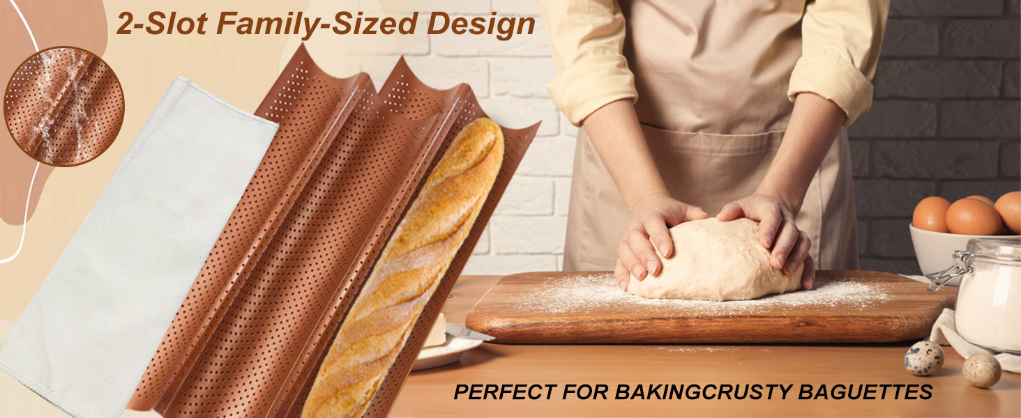 Baguette Pan Set of 2 with Proofing Cloth, Nonstick 2-Slot French Bread Baking Pan for Homemade Baguette, Carbon Steel Vintage Bronze Tray, Bakeware for Artisan Homemade Bread