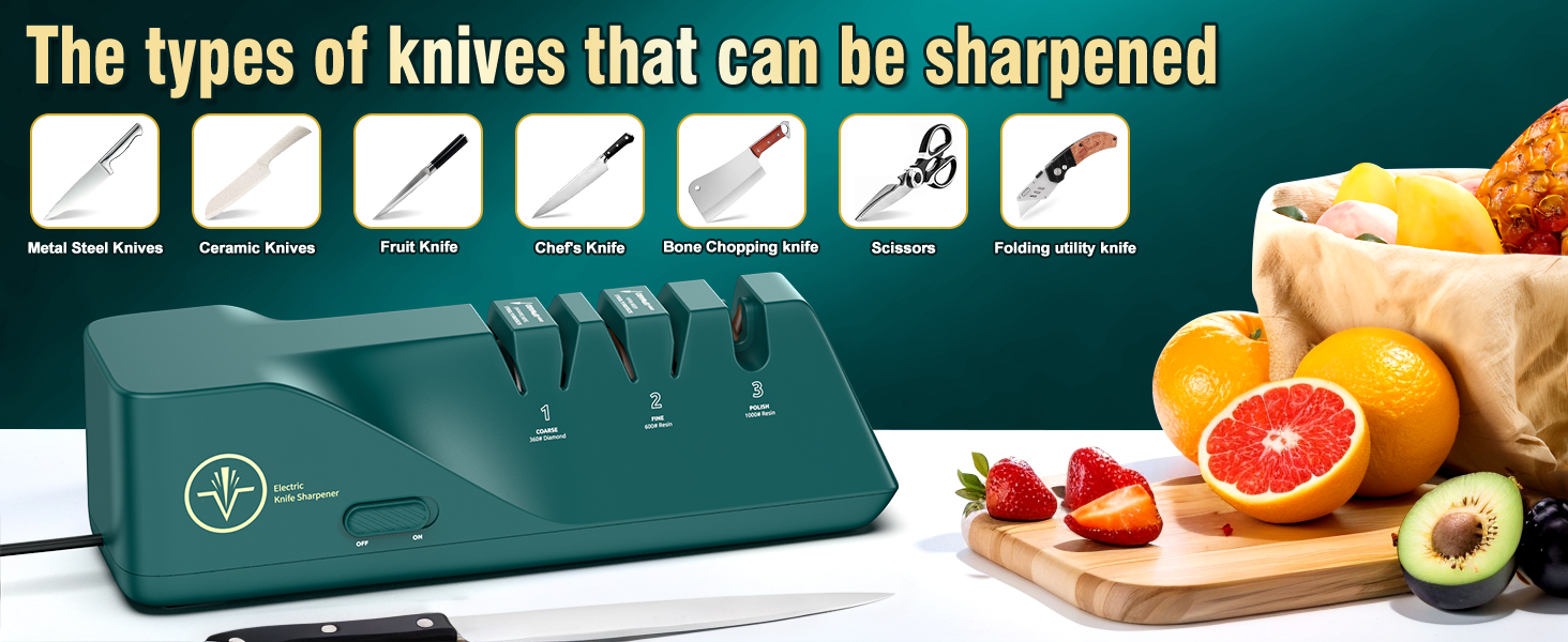 Knife Sharpener, Diamond Abrasives Electric Knife Sharpener for Stainless Steel and Ceramic Knives, with Dust Collection Box, Quick Sharpening & Polishing