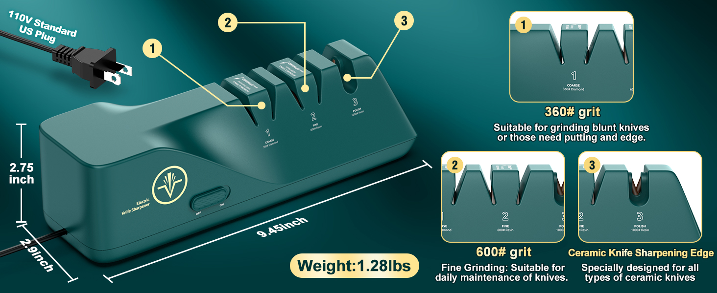 Knife Sharpener, Diamond Abrasives Electric Knife Sharpener for Stainless Steel and Ceramic Knives, with Dust Collection Box, Quick Sharpening & Polishing