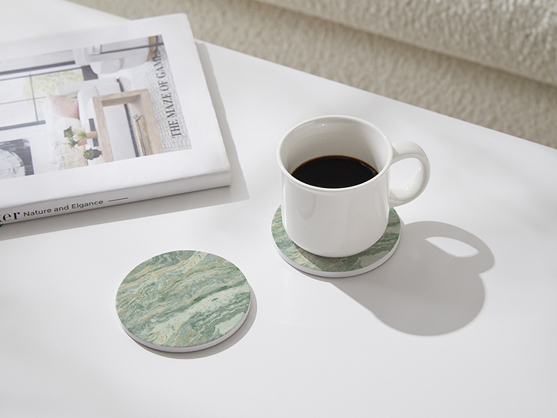 Set of 6 Sage Green Abstract Onyx Marble Coasters with Holder, Absorbent Ceramic Coasters for Drinks, Coasters with Cork Backing for Table Protection, Coffee Table Decor