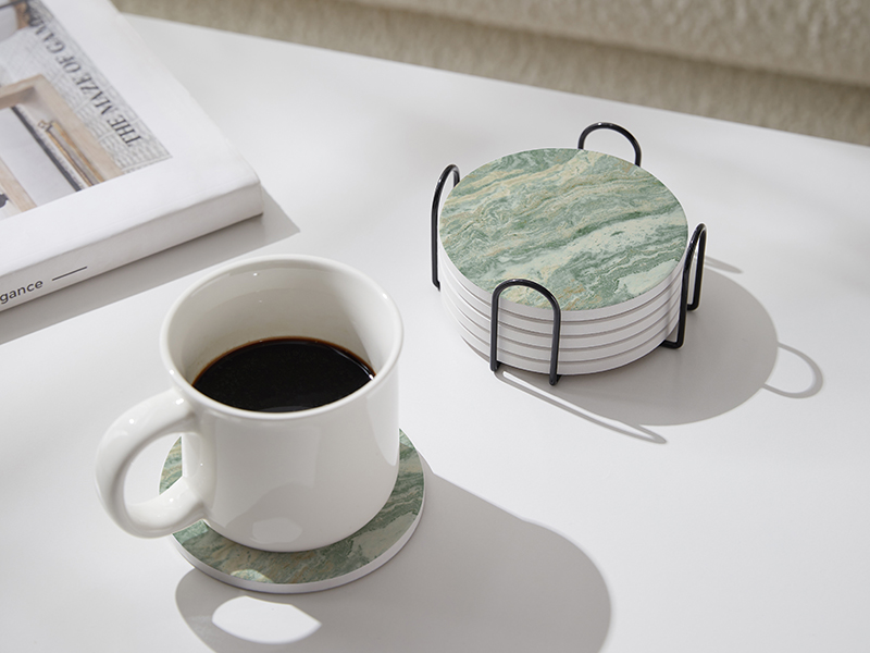 Set of 6 Sage Green Abstract Onyx Marble Coasters with Holder, Absorbent Ceramic Coasters for Drinks, Coasters with Cork Backing for Table Protection, Coffee Table Decor