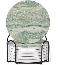 Set of 6 Sage Green Abstract Onyx Marble Coasters with Holder, Absorbent Ceramic Coasters for Drinks, Coasters with Cork Backing for Table Protection, Coffee Table Decor