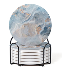 Set of 6 Sage Green Abstract Onyx Marble Coasters with Holder, Absorbent Ceramic Coasters for Drinks, Coasters with Cork Backing for Table Protection, Coffee Table Decor