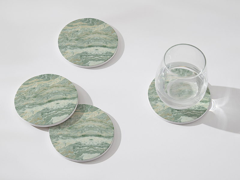 Set of 6 Sage Green Abstract Onyx Marble Coasters with Holder, Absorbent Ceramic Coasters for Drinks, Coasters with Cork Backing for Table Protection, Coffee Table Decor