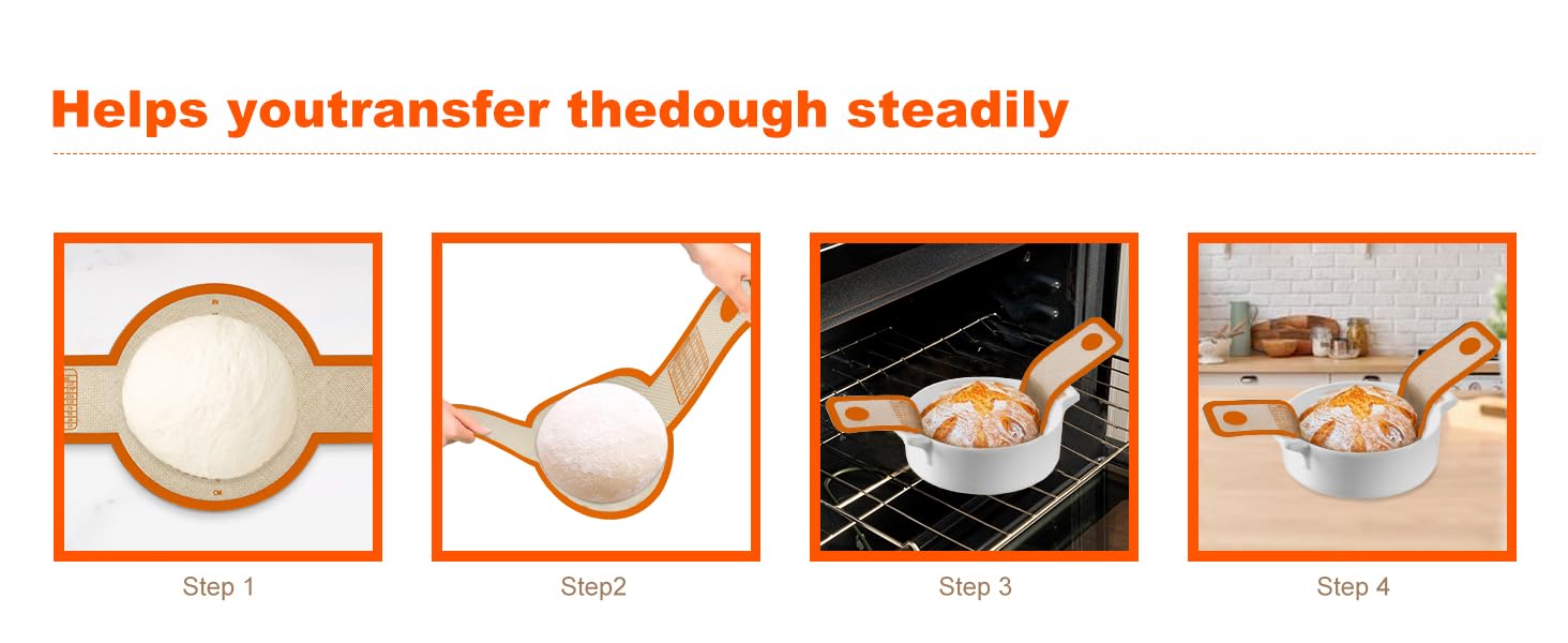 Silicone Bread Sling for Dutch Oven Liner, Non Stick 2 PCS, Easy Clean Reusable Silicone Baking Mat with Long Handles, Easy to Transfer Sourdough Bread, Orange