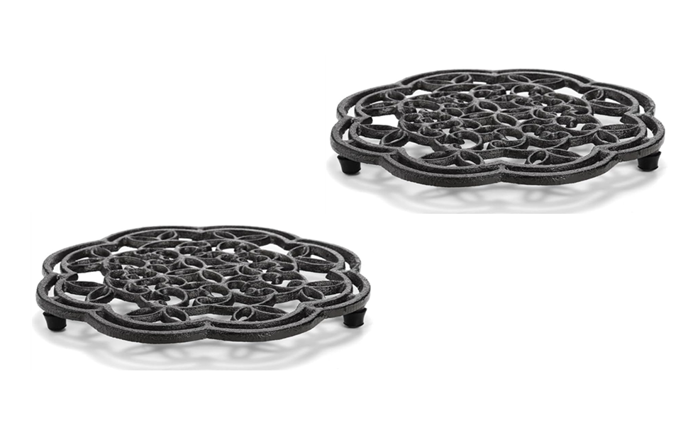2 Pack Cast Iron Trivet Set, Round Heat Resistant Hot Pads for Kitchen, 7.5 Inch Black Hot Pot Holder, Heavy Duty Decorative Dish Trivets for Countertop, Table