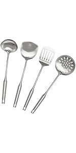 304 18/10 Stainless Steel Kitchen Utensils Set 11 Pcs Long Metal Cooking Utensil, Spatula, Soup spoon, Leaking shovel, Ladle, Tunner, Pasta Server, Meat Fork, Tongs Kitchen Tools Set, Dishwasher Safe