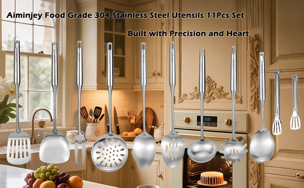 304 18/10 Stainless Steel Kitchen Utensils Set 11 Pcs Long Metal Cooking Utensil, Spatula, Soup spoon, Leaking shovel, Ladle, Tunner, Pasta Server, Meat Fork, Tongs Kitchen Tools Set, Dishwasher Safe