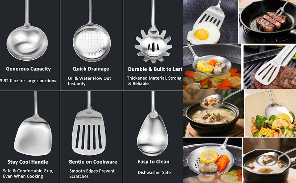 304 18/10 Stainless Steel Kitchen Utensils Set 11 Pcs Long Metal Cooking Utensil, Spatula, Soup spoon, Leaking shovel, Ladle, Tunner, Pasta Server, Meat Fork, Tongs Kitchen Tools Set, Dishwasher Safe