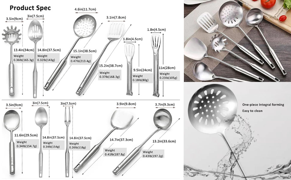 304 18/10 Stainless Steel Kitchen Utensils Set 11 Pcs Long Metal Cooking Utensil, Spatula, Soup spoon, Leaking shovel, Ladle, Tunner, Pasta Server, Meat Fork, Tongs Kitchen Tools Set, Dishwasher Safe