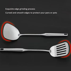 304 18/10 Stainless Steel Kitchen Utensils Set 11 Pcs Long Metal Cooking Utensil, Spatula, Soup spoon, Leaking shovel, Ladle, Tunner, Pasta Server, Meat Fork, Tongs Kitchen Tools Set, Dishwasher Safe