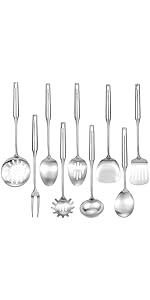 304 18/10 Stainless Steel Kitchen Utensils Set 11 Pcs Long Metal Cooking Utensil, Spatula, Soup spoon, Leaking shovel, Ladle, Tunner, Pasta Server, Meat Fork, Tongs Kitchen Tools Set, Dishwasher Safe