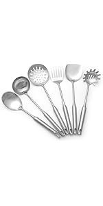 304 18/10 Stainless Steel Kitchen Utensils Set 11 Pcs Long Metal Cooking Utensil, Spatula, Soup spoon, Leaking shovel, Ladle, Tunner, Pasta Server, Meat Fork, Tongs Kitchen Tools Set, Dishwasher Safe