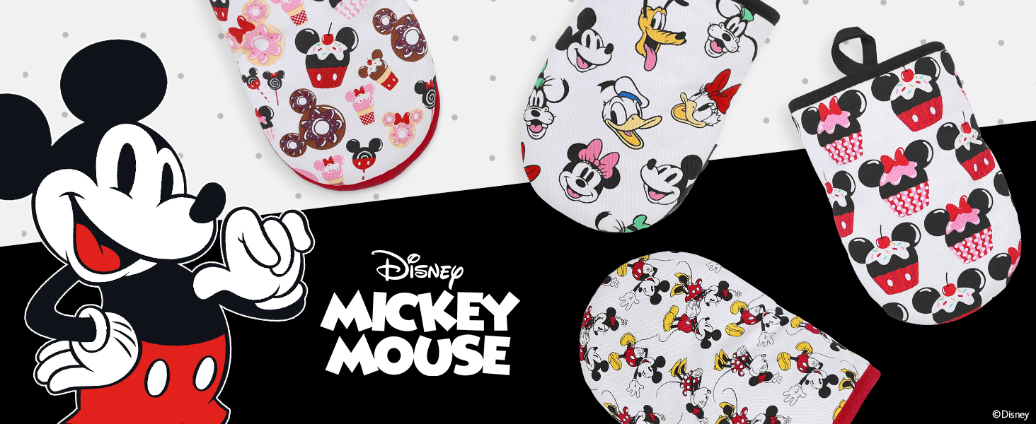 Disney Oven Mitts 2-Pack - 5.5” x 7.5” Heat-Resistant Mini Oven Mitts with Non-Slip Printed Silicone Disney Silhouettes - Pot Holders for Kitchen - Mickey & Minnie, Stitch, Winnie the Pooh