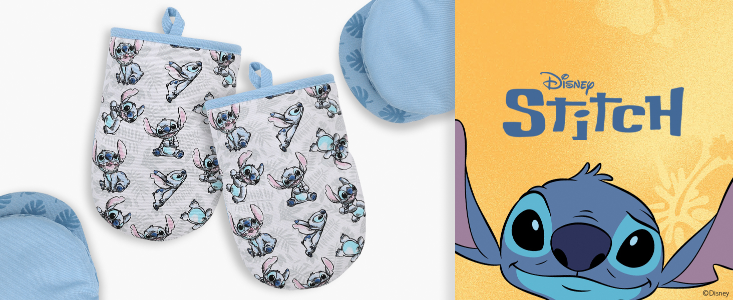 Disney Oven Mitts 2-Pack - 5.5” x 7.5” Heat-Resistant Mini Oven Mitts with Non-Slip Printed Silicone Disney Silhouettes - Pot Holders for Kitchen - Mickey & Minnie, Stitch, Winnie the Pooh