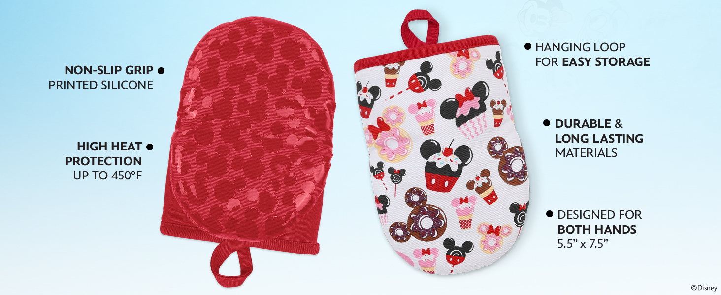 Disney Oven Mitts 2-Pack - 5.5” x 7.5” Heat-Resistant Mini Oven Mitts with Non-Slip Printed Silicone Disney Silhouettes - Pot Holders for Kitchen - Mickey & Minnie, Stitch, Winnie the Pooh