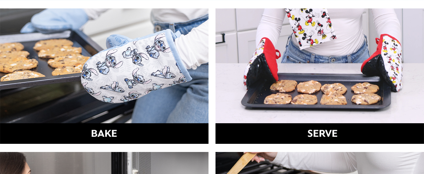 Disney Oven Mitts 2-Pack - 5.5” x 7.5” Heat-Resistant Mini Oven Mitts with Non-Slip Printed Silicone Disney Silhouettes - Pot Holders for Kitchen - Mickey & Minnie, Stitch, Winnie the Pooh