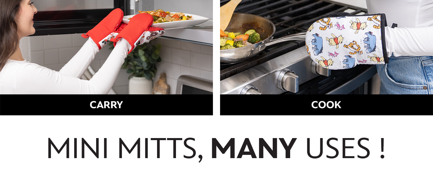 Disney Oven Mitts 2-Pack - 5.5” x 7.5” Heat-Resistant Mini Oven Mitts with Non-Slip Printed Silicone Disney Silhouettes - Pot Holders for Kitchen - Mickey & Minnie, Stitch, Winnie the Pooh