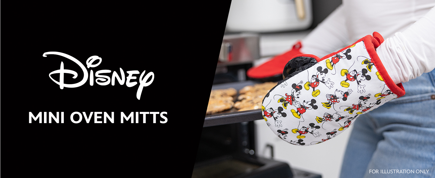 Disney Oven Mitts 2-Pack - 5.5” x 7.5” Heat-Resistant Mini Oven Mitts with Non-Slip Printed Silicone Disney Silhouettes - Pot Holders for Kitchen - Mickey & Minnie, Stitch, Winnie the Pooh