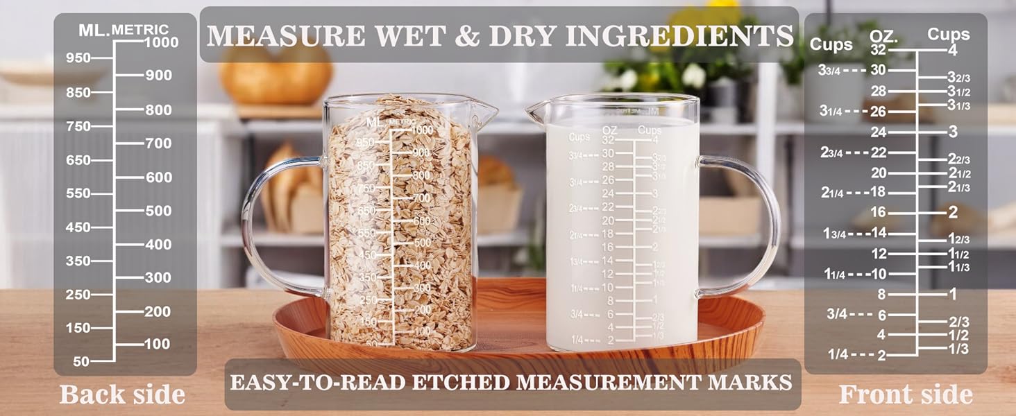 Ackers Etched Graduated Glass Measuring Cup - [Insulated Handle | V-Shaped Spout] - High Borosilicate Glass Measuring Cup for Kitchen or Dining, Easy to Read,1000 ML (32 Oz, 4 Cup)