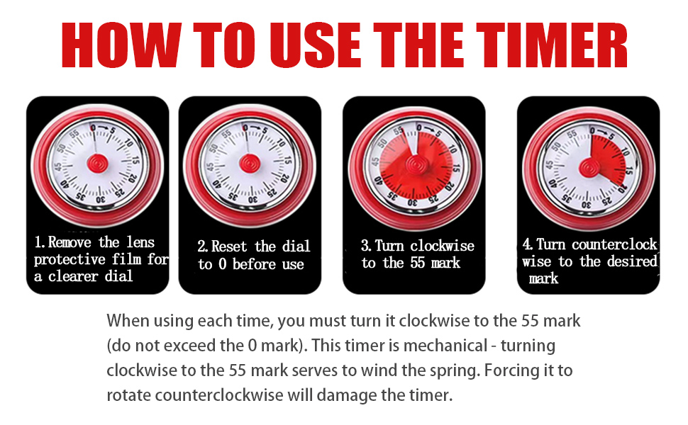 Mechanical Kitchen Timer, Eco-Friendly No Batteries Needed Magnetic 60-Minute Visual Countdown Alarm Clock for Cooking, Study, Games, Office (Red)