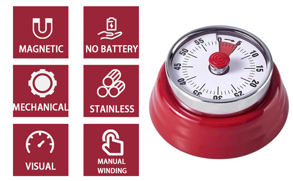 Mechanical Kitchen Timer, Eco-Friendly No Batteries Needed Magnetic 60-Minute Visual Countdown Alarm Clock for Cooking, Study, Games, Office (Red)