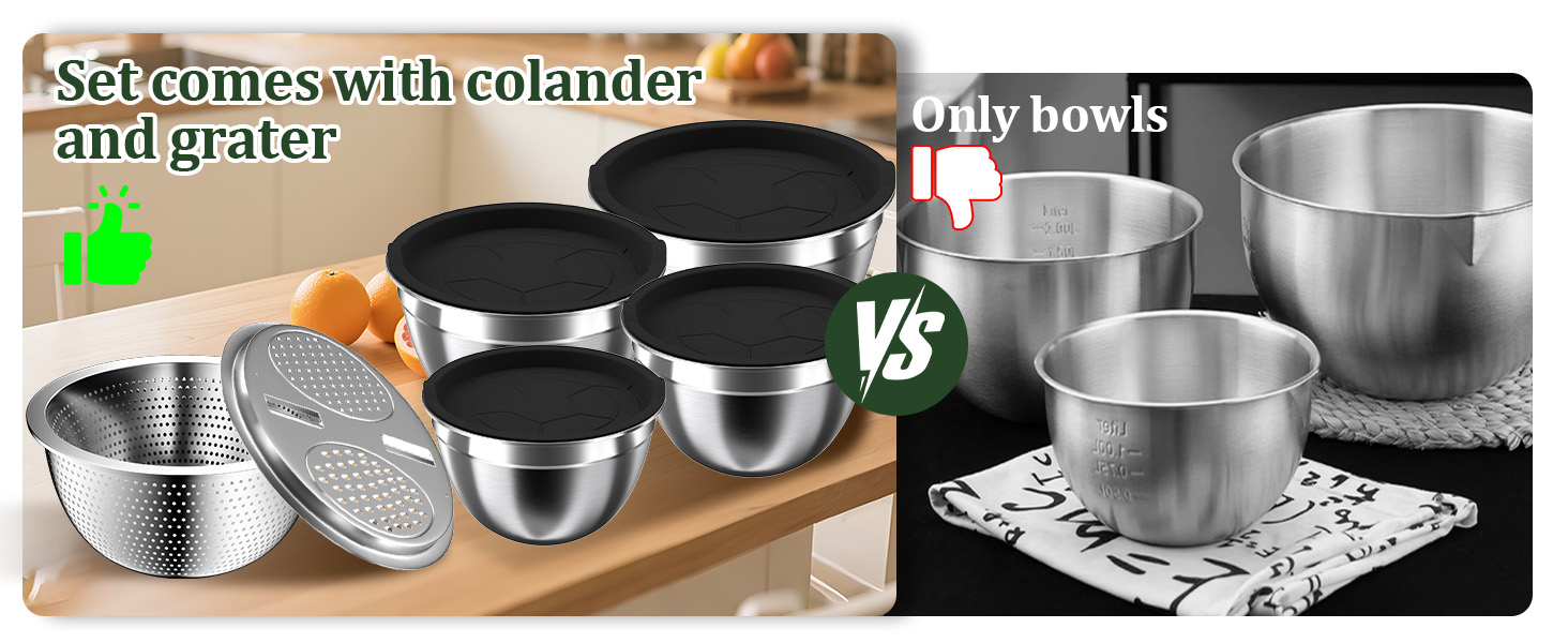 Mixing Bowls with Lids Set, 16PCS Stainless Steel Mixing Bowls,Nesting Storage Bowls for Kitchen with Mixing Bowl, Colander, Strainer & Grater, Metal Salad Bowl for Kitchen Gadgets, Black