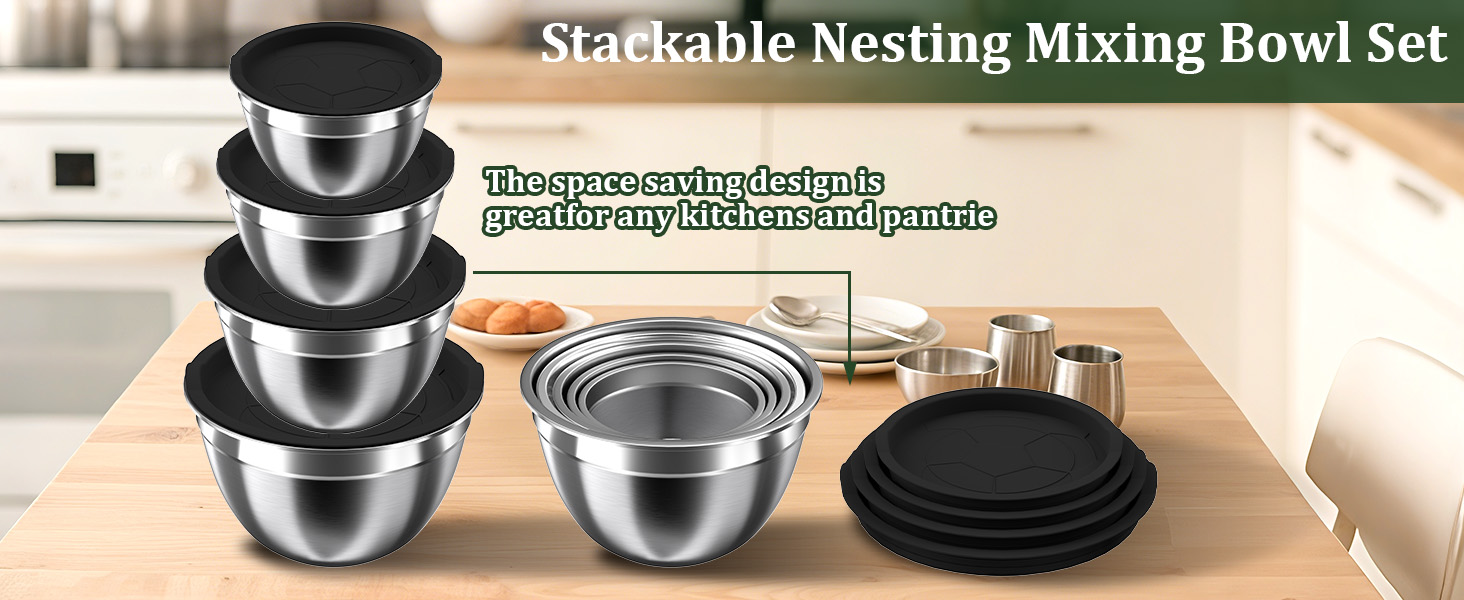 Mixing Bowls with Lids Set, 16PCS Stainless Steel Mixing Bowls,Nesting Storage Bowls for Kitchen with Mixing Bowl, Colander, Strainer & Grater, Metal Salad Bowl for Kitchen Gadgets, Black