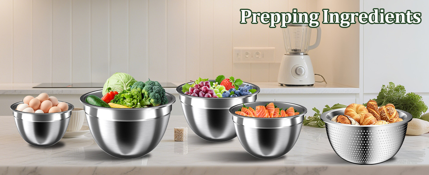 Mixing Bowls with Lids Set, 16PCS Stainless Steel Mixing Bowls,Nesting Storage Bowls for Kitchen with Mixing Bowl, Colander, Strainer & Grater, Metal Salad Bowl for Kitchen Gadgets, Black