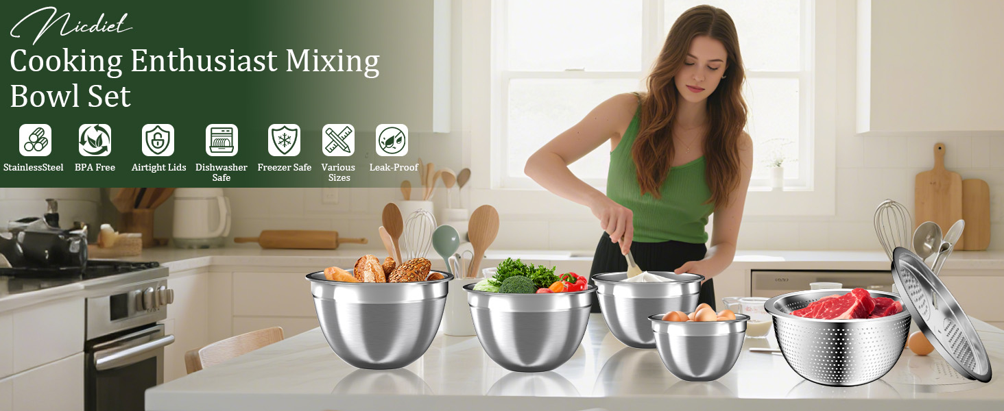 Mixing Bowls with Lids Set, 16PCS Stainless Steel Mixing Bowls,Nesting Storage Bowls for Kitchen with Mixing Bowl, Colander, Strainer & Grater, Metal Salad Bowl for Kitchen Gadgets, Black