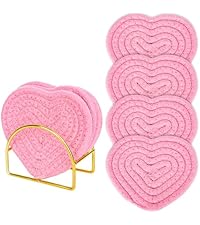 Whaline Valentine's Day Heart Coasters Pink White Love Heart Shape Handmade Braided Cotton Drink Coasters Absorbent Cup Mats for Mother's Day Wedding Birthday Party Decor Housewarming Gifts, 4Pcs
