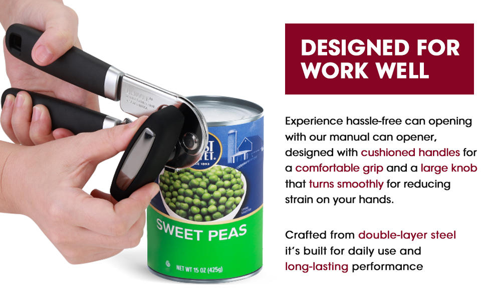 Manual Can Opener, UHIYEE Handheld Can Opener Heavy Duty with High Carbon Sharp Blade, Ease Can Open for Seniors with Comfort Grip Handles, Oversized Turn Knob, Black